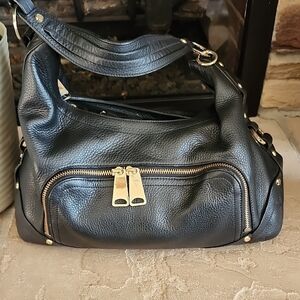 Chic Black Leather Shoulder Bag with Gold Accents
